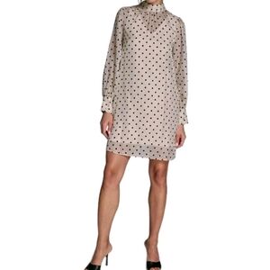 BCBG Size 12 Black & Cream Polka Dot Long Sleeve Shift Dress MSRP $179